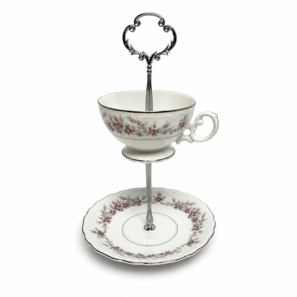 Tiered Stand Unisex OS White Floral Silver Rim 2-Tier Teacup Saucer Upcycle‎